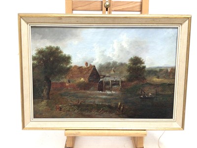 Lot 60 - Charles Morris Snr. oil on canvas - view on a river with a Watermill, signed and dated 1869, 31cm x 46cm, in gilt frame