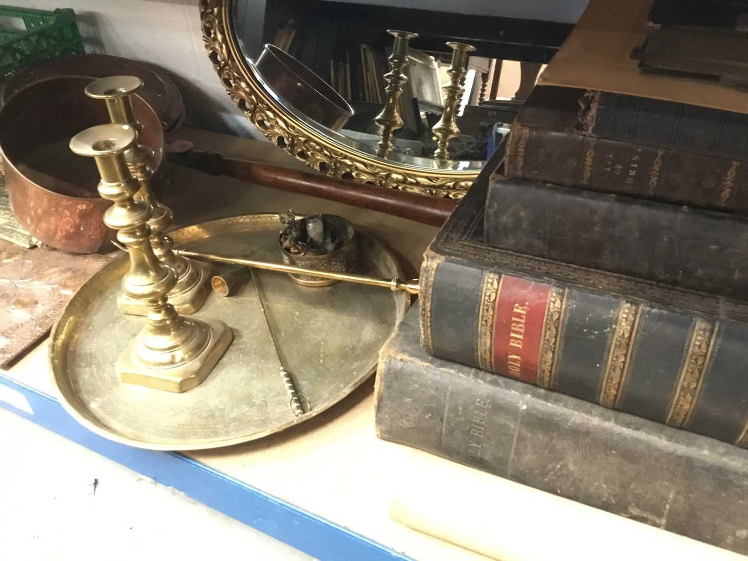 Lot 224 Antique Bibles, Victorian brass candlesticks,