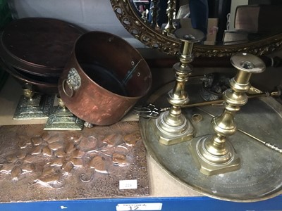 Lot 224 - Antique Bibles, Victorian brass candlesticks, copper bed warmer, metalwork and sundries