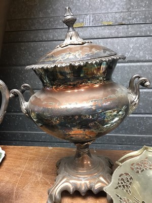 Lot 279 - Samovar, silver plated claret jug and other metalwares