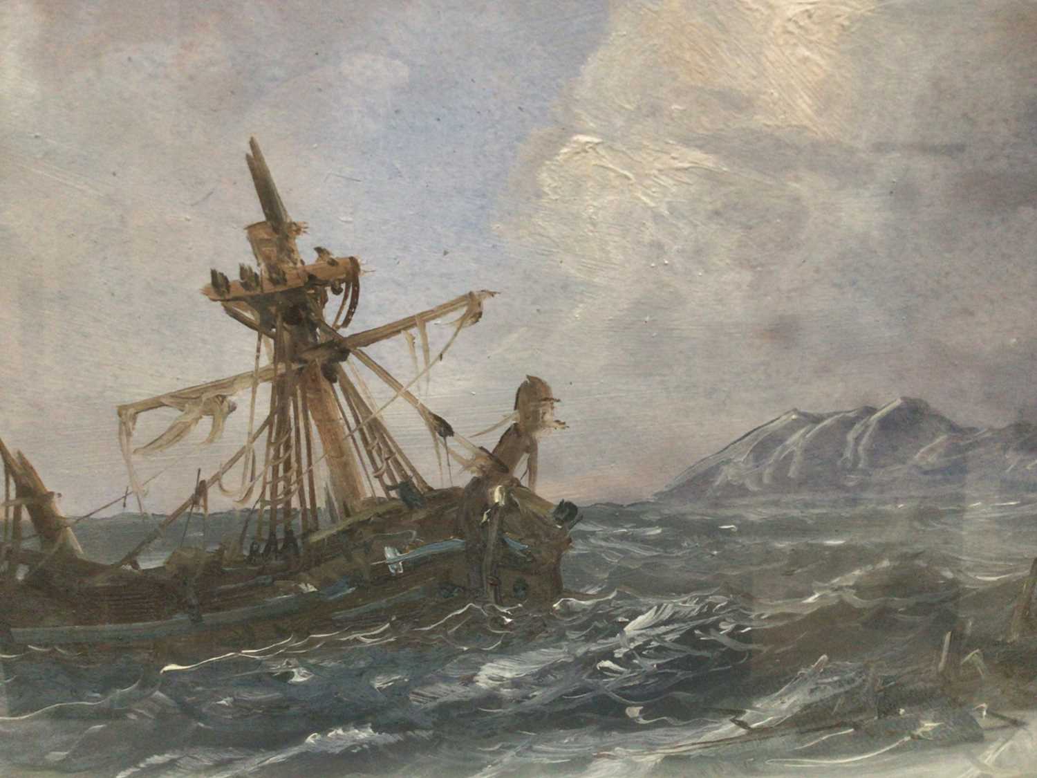 Lot 64 - Pair of late 19th century oils on board - shipping and a shipwreck off the coast, 23cm x 45cm, in glazed frames