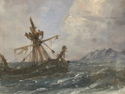 Lot 115 - Pair of late 19th century oils on board - shipping and a shipwreck off the coast, 23cm x 45cm, in glazed frames