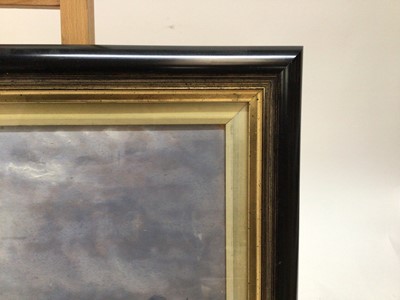 Lot 64 - Pair of late 19th century oils on board - shipping and a shipwreck off the coast, 23cm x 45cm, in glazed frames