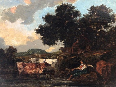 Lot 117 - Norwich School, 19th century, oil on board - cattle and herder at rest in a landscape, 26cm x 34cm, in gilt frame