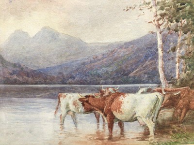 Lot 128 - English School, 19th century, watercolour - cattle at a lochside, 23cm x 33cm, in glazed frame