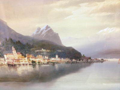 Lot 130 - Early 20th century gouache - Italian Lake view, indistinctly signed, 36cm x 53cm, in glazed gilt frame