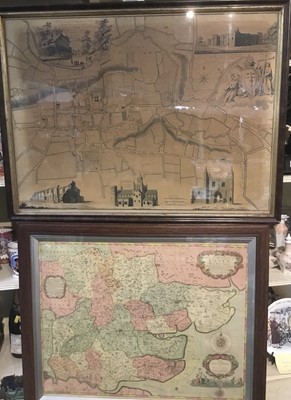 Lot 234 - 18th century engraving- map of Colchester by Thomas Sparrow, 1767, 52cm x 70.5cm in glazed frame, together with a print of a map of Essex in glazed oak frame (2)