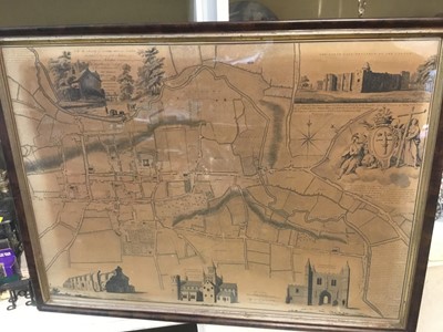 Lot 234 - 18th century engraving- map of Colchester by Thomas Sparrow, 1767, 52cm x 70.5cm in glazed frame, together with a print of a map of Essex in glazed oak frame (2)
