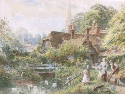 Lot 198 - Charles Gregory (1849-1920) - watercolour in glazed gilt frame - idyllic rural landscape with child and figures by stream with cottages and church beyond, titled 'Houghton Hunts'