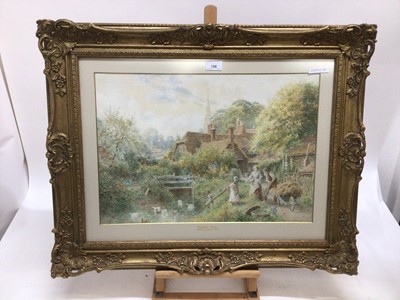 Lot 198 - Charles Gregory (1849-1920) - watercolour in glazed gilt frame - idyllic rural landscape with child and figures by stream with cottages and church beyond, titled 'Houghton Hunts'