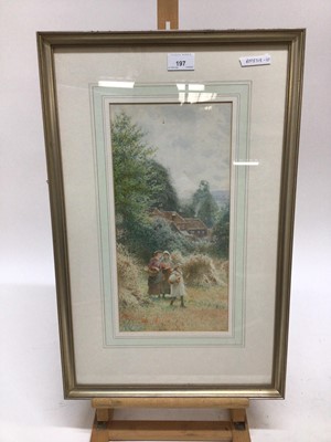 Lot 197 - Charles Gregory (1849-1920) - watercolour in glazed gilt frame - rural landscape with mother and baby, and figures in hayfield with cottages beyond, signed, 36cm x 18cm