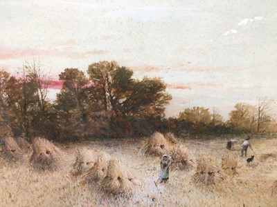 Lot 199 - Thomas Dingle II (act. 1879-1889) - watercolour and gouache in glazed gilt frame - haymaking scene at sunset with figures, child and farm dog, signed. 50cm x 69cm.