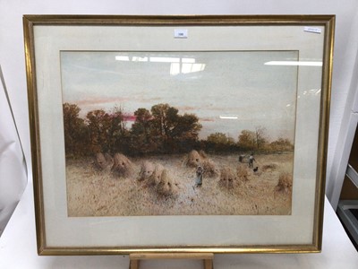 Lot 199 - Thomas Dingle II (act. 1879-1889) - watercolour and gouache in glazed gilt frame - haymaking scene at sunset with figures, child and farm dog, signed. 50cm x 69cm.