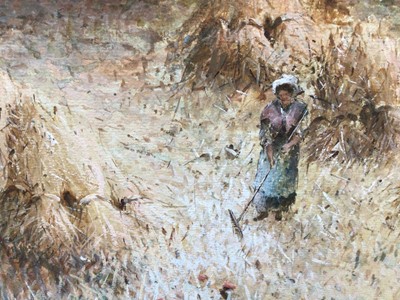 Lot 199 - Thomas Dingle II (act. 1879-1889) - watercolour and gouache in glazed gilt frame - haymaking scene at sunset with figures, child and farm dog, signed. 50cm x 69cm.