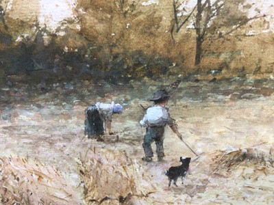 Lot 199 - Thomas Dingle II (act. 1879-1889) - watercolour and gouache in glazed gilt frame - haymaking scene at sunset with figures, child and farm dog, signed. 50cm x 69cm.