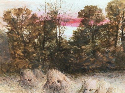 Lot 199 - Thomas Dingle II (act. 1879-1889) - watercolour and gouache in glazed gilt frame - haymaking scene at sunset with figures, child and farm dog, signed. 50cm x 69cm.