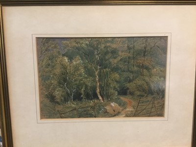 Lot 271 - Mid 19th century watercolour in glazed frame- 'Fordham Wood' signed with initials and dated 1855, 16cm x 25cm together with a pastel of the river Stour near Nayland, signed Hilary Sladen (2)