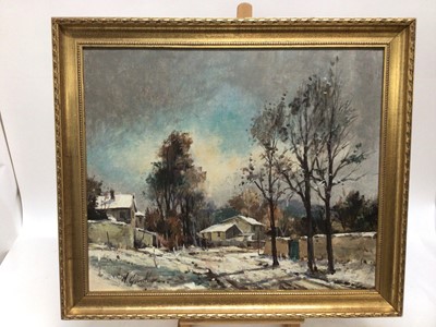 Lot 203 - 20th century, Continental School oil on canvas - snow covered landscape, indistinctly signed, 50cm x 60cm, in gilt frame