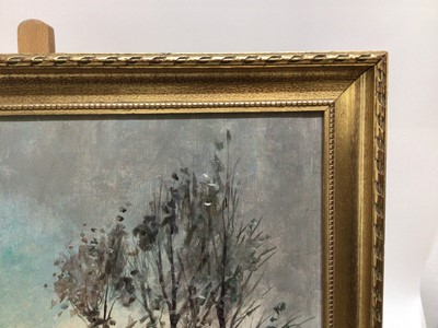 Lot 203 - 20th century, Continental School oil on canvas - snow covered landscape, indistinctly signed, 50cm x 60cm, in gilt frame
