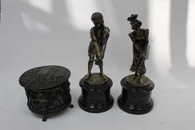 Lot 2214 - Pair of figures on serpentine bases together with a circular casket