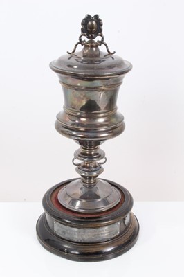 Lot 41 - 1920s silver goblet and cover together with wooden base with presentation plaque for Basingstoke Swimming Club Ladies Trophy