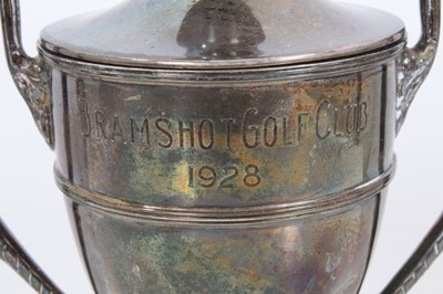Lot 42 - Silver two handled trophy cup and cover with engraved inscription- Bramshot Golf Club 1928