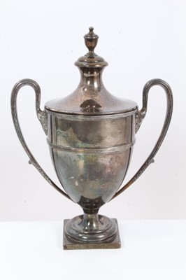 Lot 42 - Silver two handled trophy cup and cover with engraved inscription- Bramshot Golf Club 1928