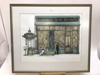 Lot 204 - Richard Beer (1928-2017) group of four signed limited edition coloured etchings - Hotel De La Gare, 43/70, 37cm x 44cm, Spanish Steps, 150/150, 77cm x 56cm, Alimentation, 4/70, 76cm x 56cm and Capp...