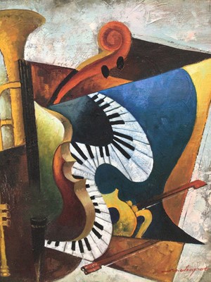 Lot 205 - 20th century, Contemporary, oil on canvas - abstract musical instruments, indistinctly signed, 60cm x 50cm, framed