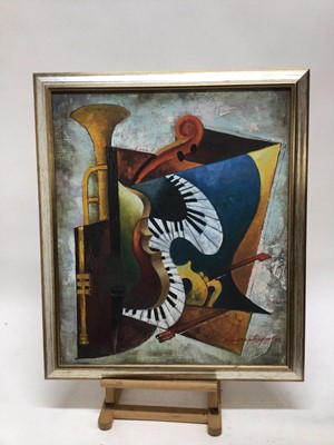 Lot 205 - 20th century, Contemporary, oil on canvas - abstract musical instruments, indistinctly signed, 60cm x 50cm, framed