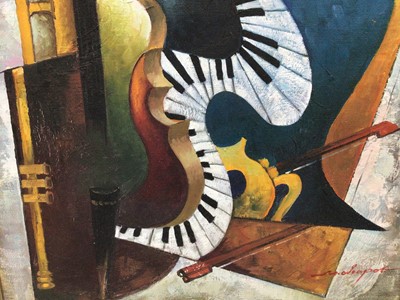 Lot 205 - 20th century, Contemporary, oil on canvas - abstract musical instruments, indistinctly signed, 60cm x 50cm, framed