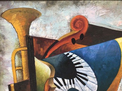 Lot 205 - 20th century, Contemporary, oil on canvas - abstract musical instruments, indistinctly signed, 60cm x 50cm, framed