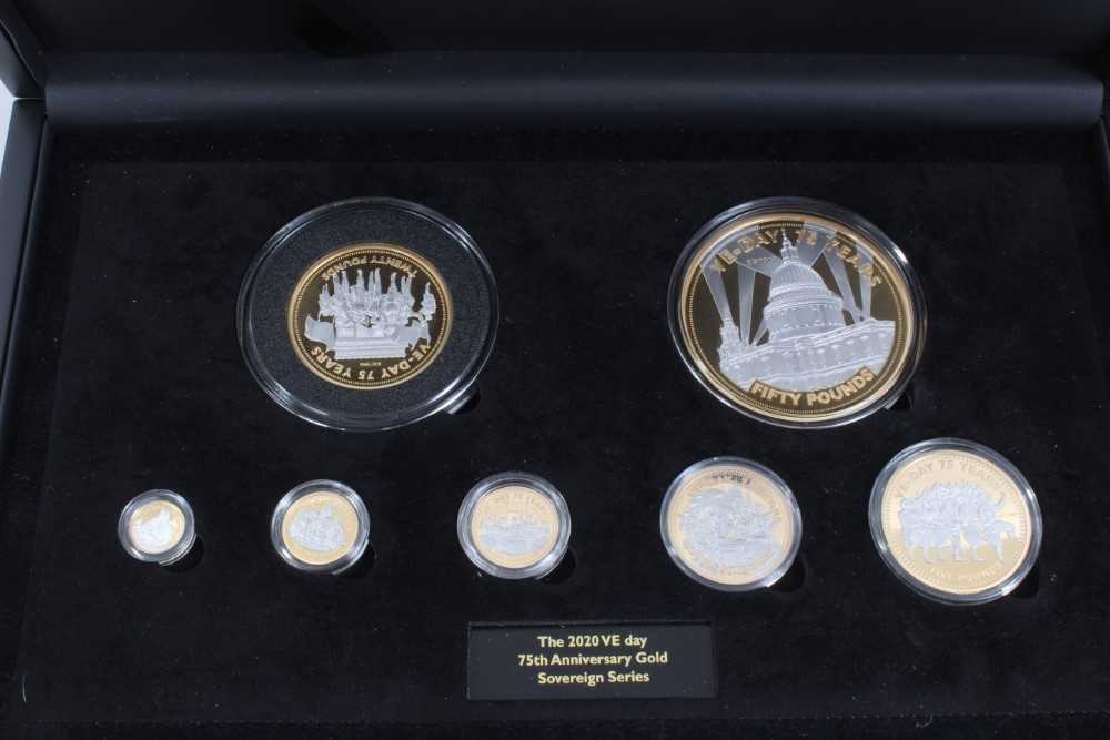 Lot 563 - Alderney - The Hattons of London - 'VE Day 75th Anniversary Gold Sovereign definitive seven coin proof set' 2020