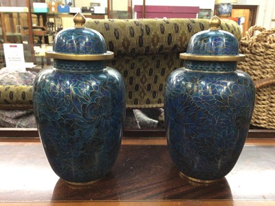 Lot 128 - Pair of Chinese blue-ground cloisonné vases and covers, 23.5cm high