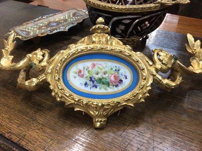 Lot 129 - 19th century Sevres-style and ormolu clock mount, a champleve enamel dish, and a Bohemian cut glass and mounted bowl (3)