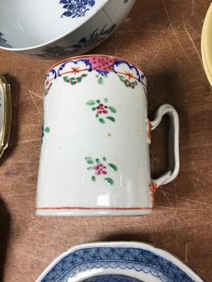 Lot 281 - Late 18th century Chinese Famille Rose porcelain tankard of cylinderical form,  18th century Chinese export porcelain bowl and a similar warming plate (3)