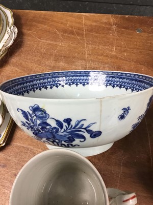 Lot 281 - Late 18th century Chinese Famille Rose porcelain tankard of cylinderical form,  18th century Chinese export porcelain bowl and a similar warming plate (3)