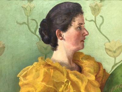 Lot 208 - Art Nouveau School oil on canvas - portrait of a lady in yellow dress, indistinctly signed, dated 1891, inscribed verso, 41cm x 51cm, in period gilt frame