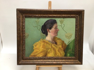 Lot 208 - Art Nouveau School oil on canvas - portrait of a lady in yellow dress, indistinctly signed, dated 1891, inscribed verso, 41cm x 51cm, in period gilt frame