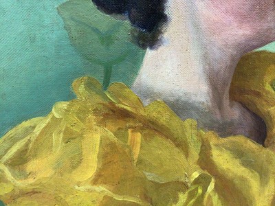 Lot 208 - Art Nouveau School oil on canvas - portrait of a lady in yellow dress, indistinctly signed, dated 1891, inscribed verso, 41cm x 51cm, in period gilt frame