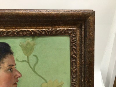 Lot 208 - Art Nouveau School oil on canvas - portrait of a lady in yellow dress, indistinctly signed, dated 1891, inscribed verso, 41cm x 51cm, in period gilt frame