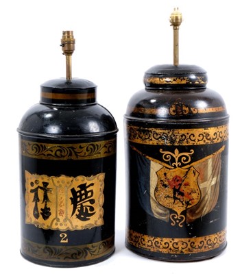 Lot 882 - Two toleware tea canisters converted to table lamps