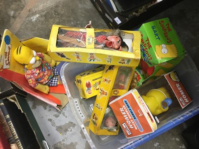 Lot 284 - One box containing a variety of toys to include Pelham Puppets, Simpsons and Teddy Bears