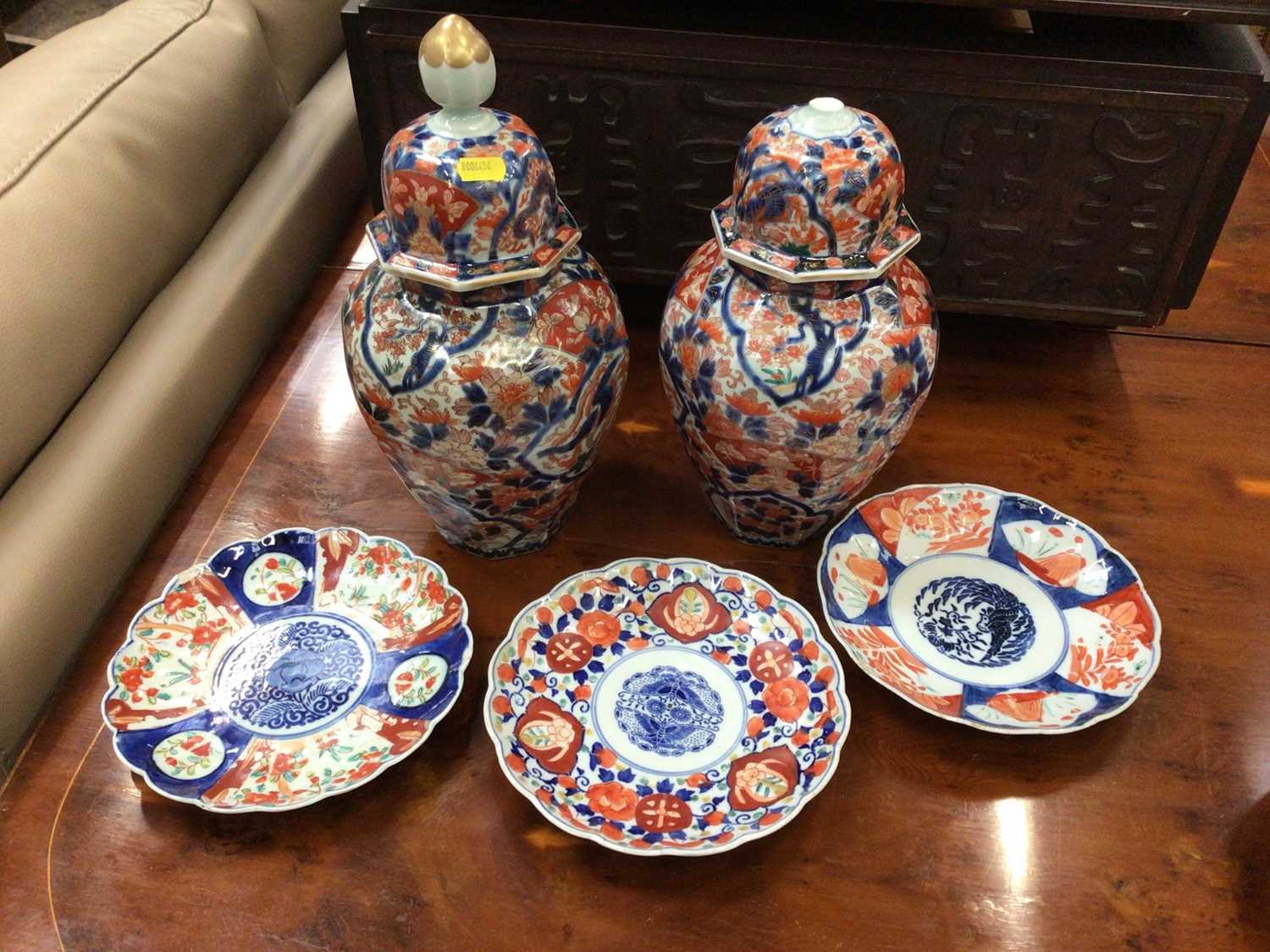 Lot 576 - Pair of Imari vases and 3 Imari plates