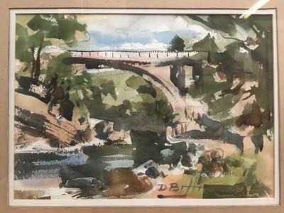 Lot 216 - David Britton, contemporary, watercolour - bridge over a river, signed, 27cm x 37cm, in glazed frame