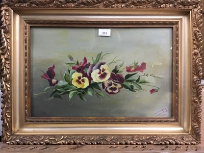 Lot 218 - A. Jackson, Edwardian oil on board - still life of pansies, signed and dated 1905, 29cm x 45cm, in original glazed gilt frame