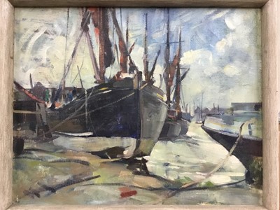 Lot 234 - Aubrey F. Sykes (1910-1995) oil on board - boats at Maldon, 40cm x 50cm, framed