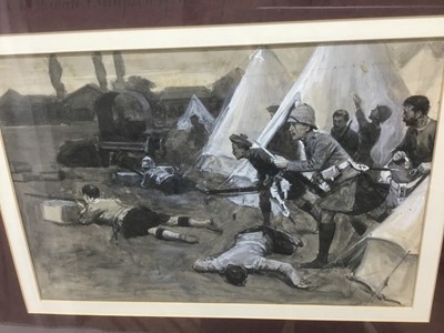 Lot 274 - Ernest Prater (1864-1950) watercolour and body colour - 'The Surprsoe attack on the Capetown Highlanders in the market place at Jacobsdal on 25th Oct. 1900', titled to mount, 20 x 29cm, glazed fram...