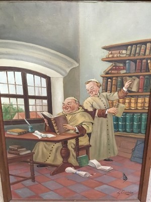 Lot 26 - A. Schneider, pair of oils on board - Monks in interiors playing musical instruments and reading, signed, 70cm x 50cm, in oak frames