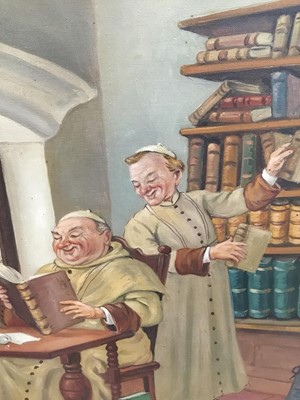 Lot 26 - A. Schneider, pair of oils on board - Monks in interiors playing musical instruments and reading, signed, 70cm x 50cm, in oak frames